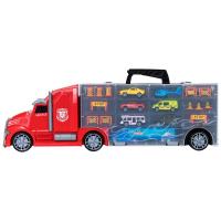Набор машинок серии "Служба спасения" (Автовоз - кейс 51,5 см, красный, с тоннелем. 4 машинки, 1 автобус, 1 вертолет и 10 дорожных знаков)