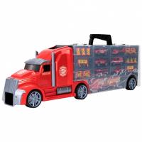 Детская машинка серии "Служба спасения" (Автовоз - кейс 64 см, красный, с тоннелем. Набор из 4 машинок, 1 автобуса, 1 вертолета, 1 фуры и 12 дорожных знаков)